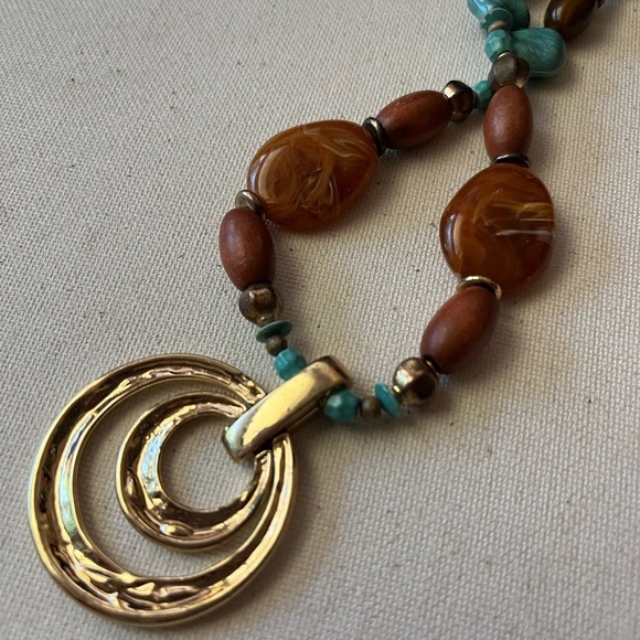 Boho Statement Necklace – Gold Pendant, Turquoise & Acrylic Beads - Picture 3 of 7